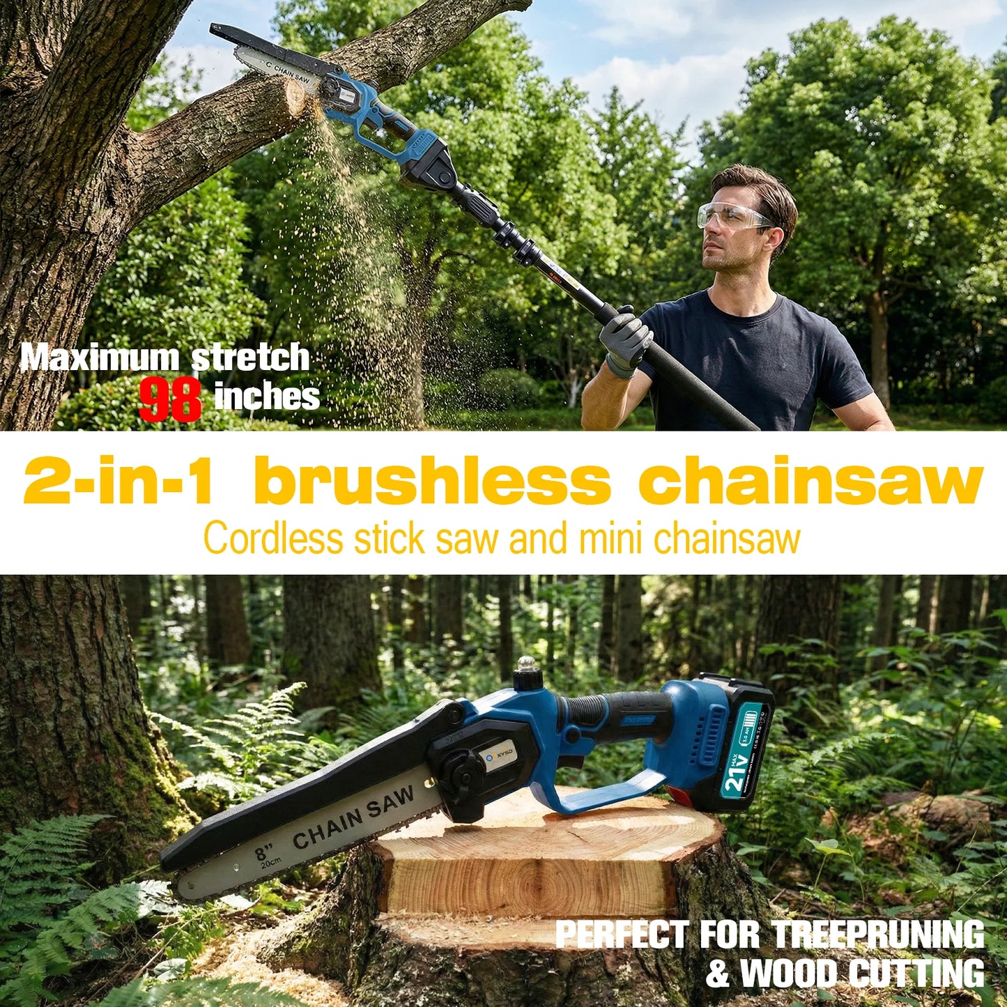 2 In 1 Cordless Pole Saw And Mini Chainsaw For Branch Cutting