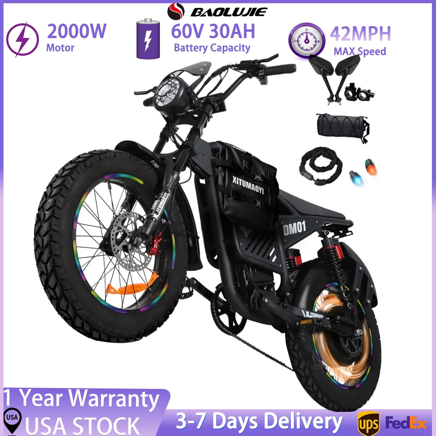 Baolujie DM01 60V 2000W Electric EBike With HighPerformance Motor