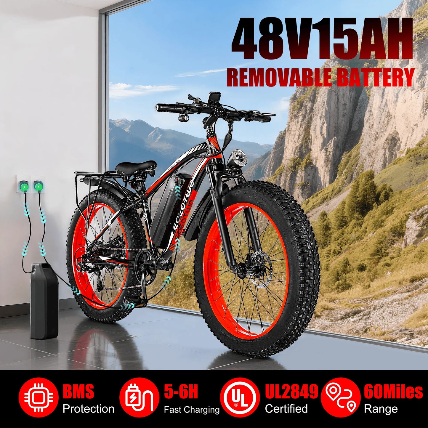 EOEOTWOC Electric Fat Tire Mountain Ebike 1500W 34MPH 48V 15Ah Aluminum
