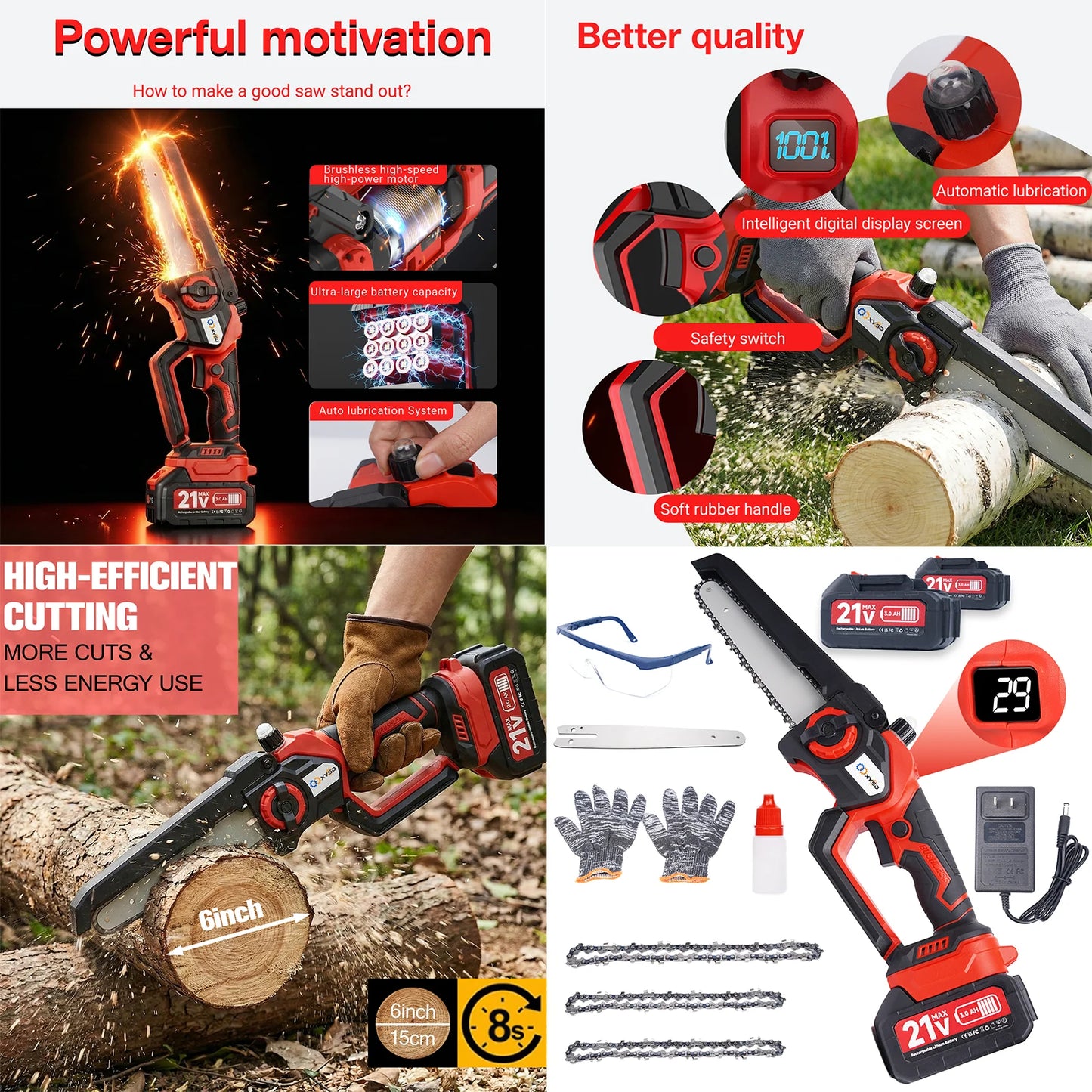 XYSD Mini Cordless Chainsaw With 2x3Ah Batteries For Wood Cutting