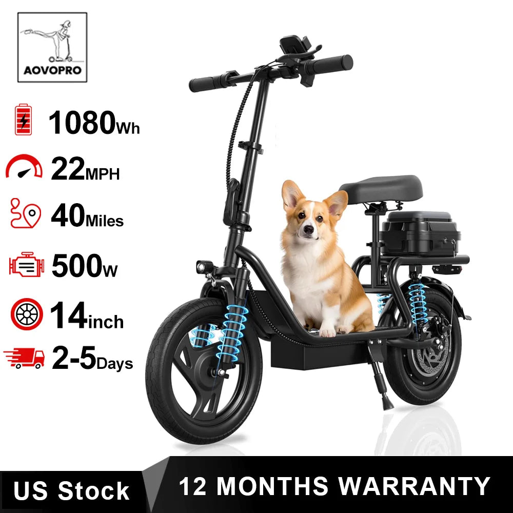 AOVOPRO Electric Folding Ebike With Dual Suspension 500W