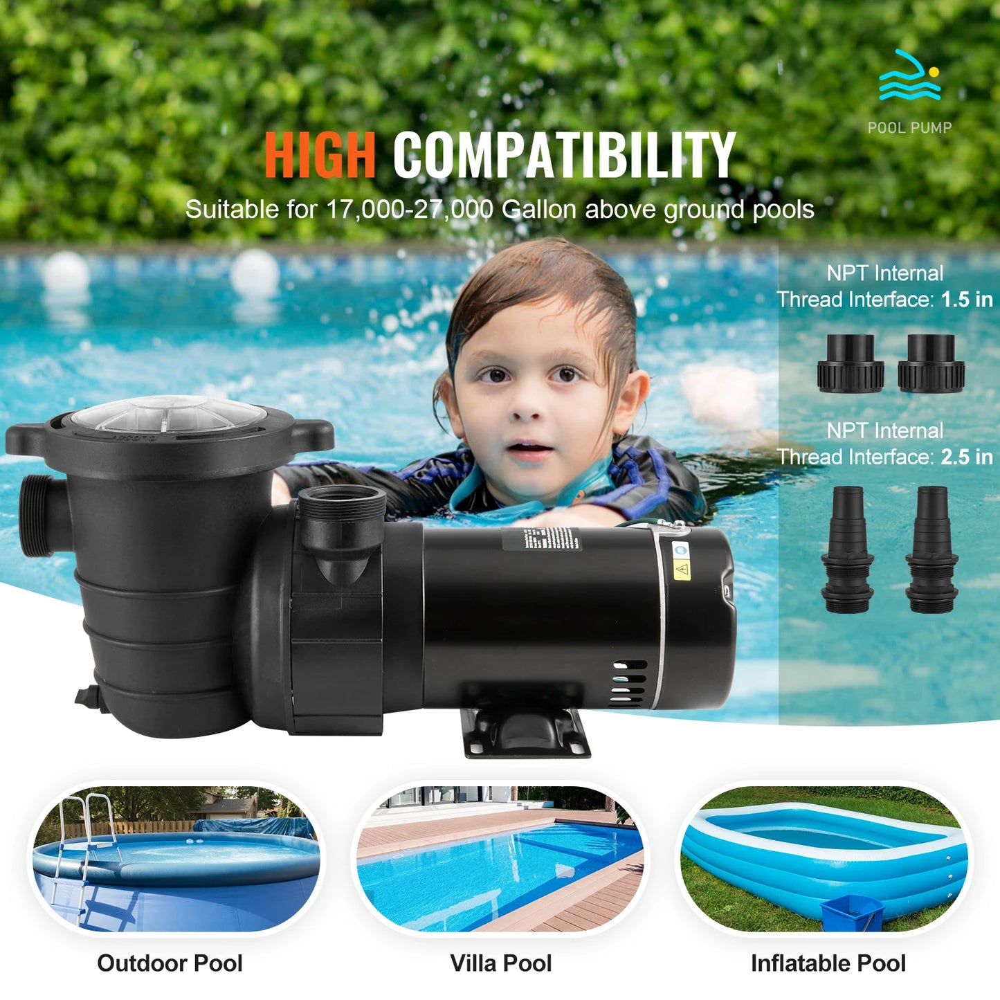 SucceBuy Above Ground Pool Pump 1HP 2HP With Filter Basket