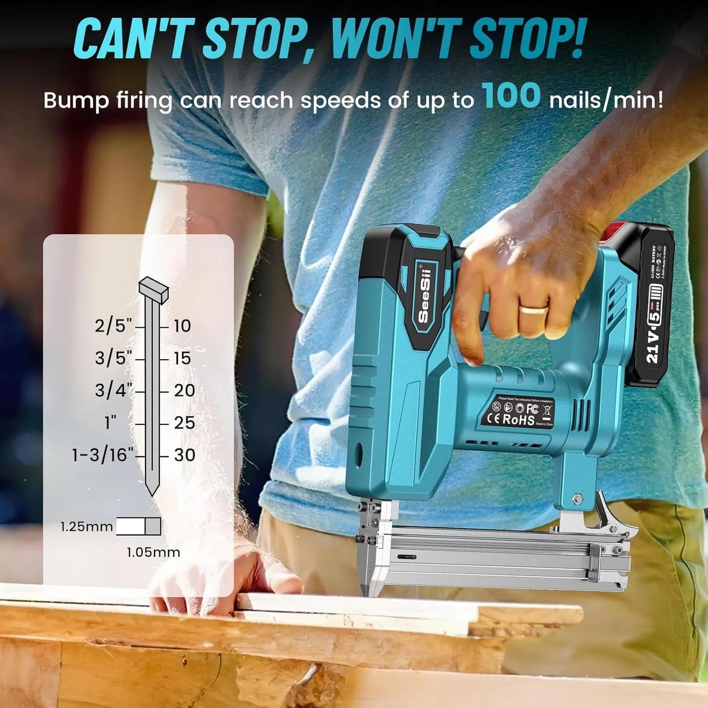 Seesii Cordless Brad Nail Gun With Two 21V Batteries Included