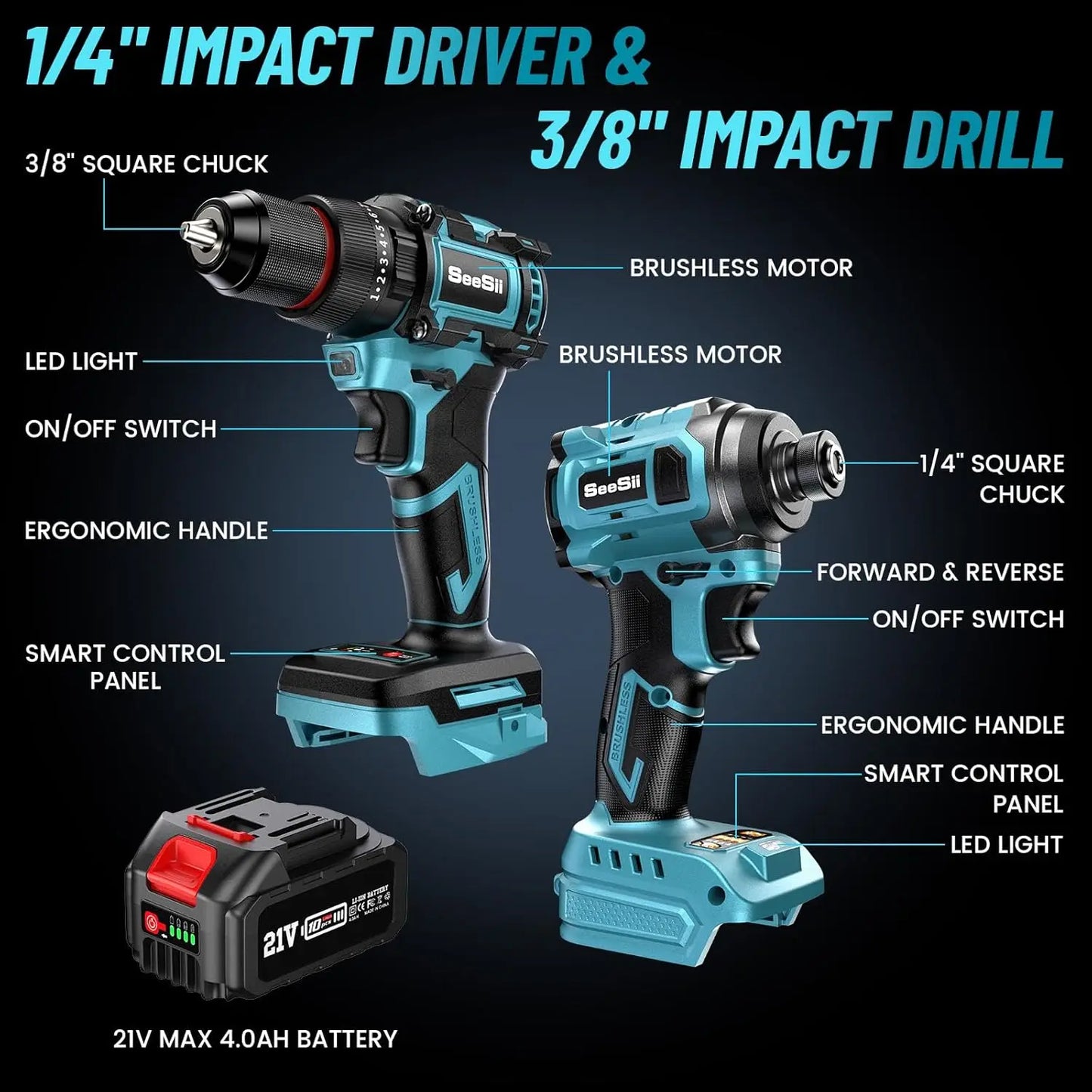 Seesii 21V Max Cordless Drill And Impact Driver Kit