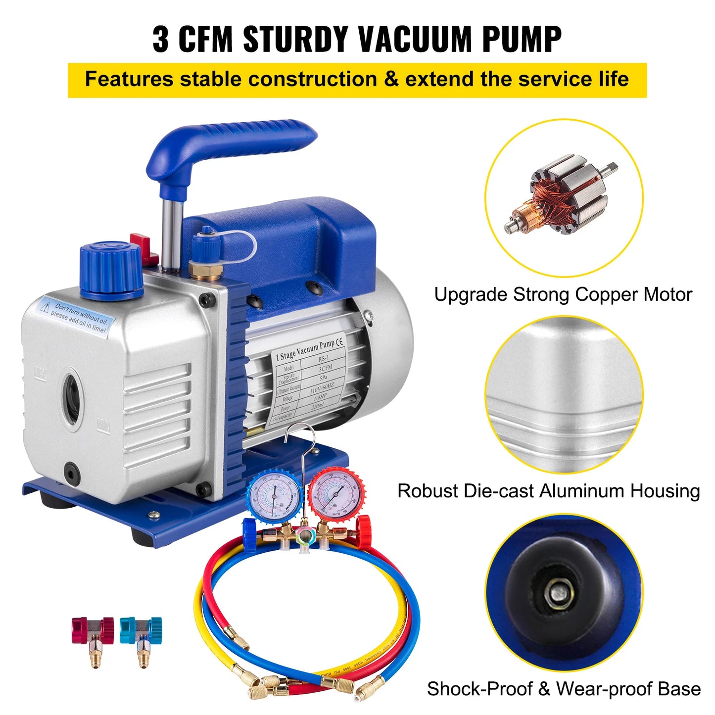 SucceBuy 3CFM 1/4HP Single Stage Vacuum Pump For HVAC R134a