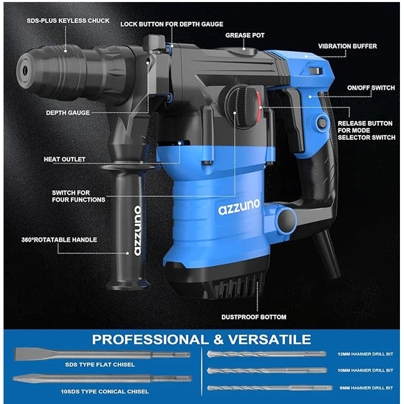 1500W Corded Rotary Hammer Drill SDS Plus Demolition Jackhammer