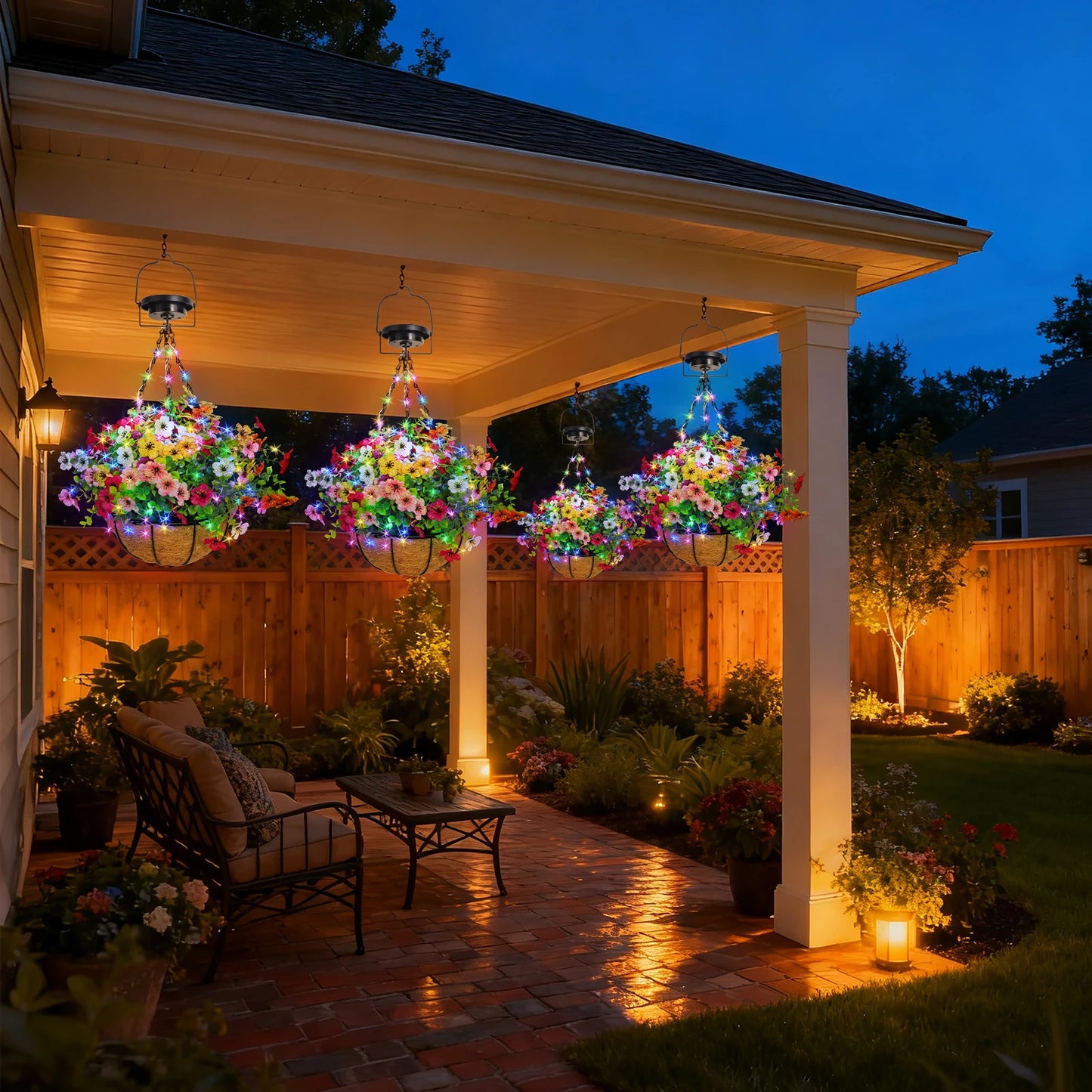 Solar Powered Hanging Flower Basket Lights With Copper Wire RGB