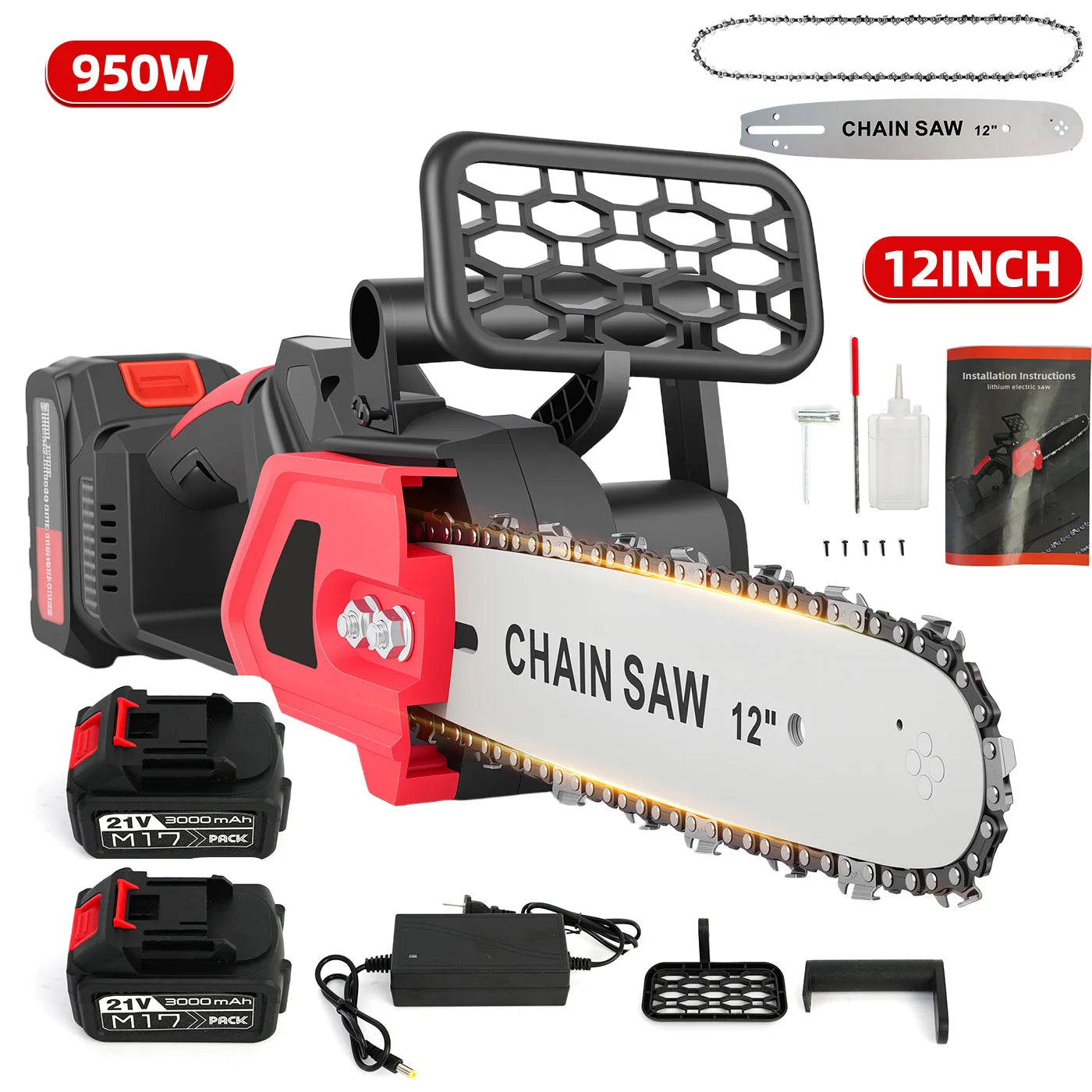 Brushless Chainsaw 950W 21V Handheld with Rechargeable Battery and Charger