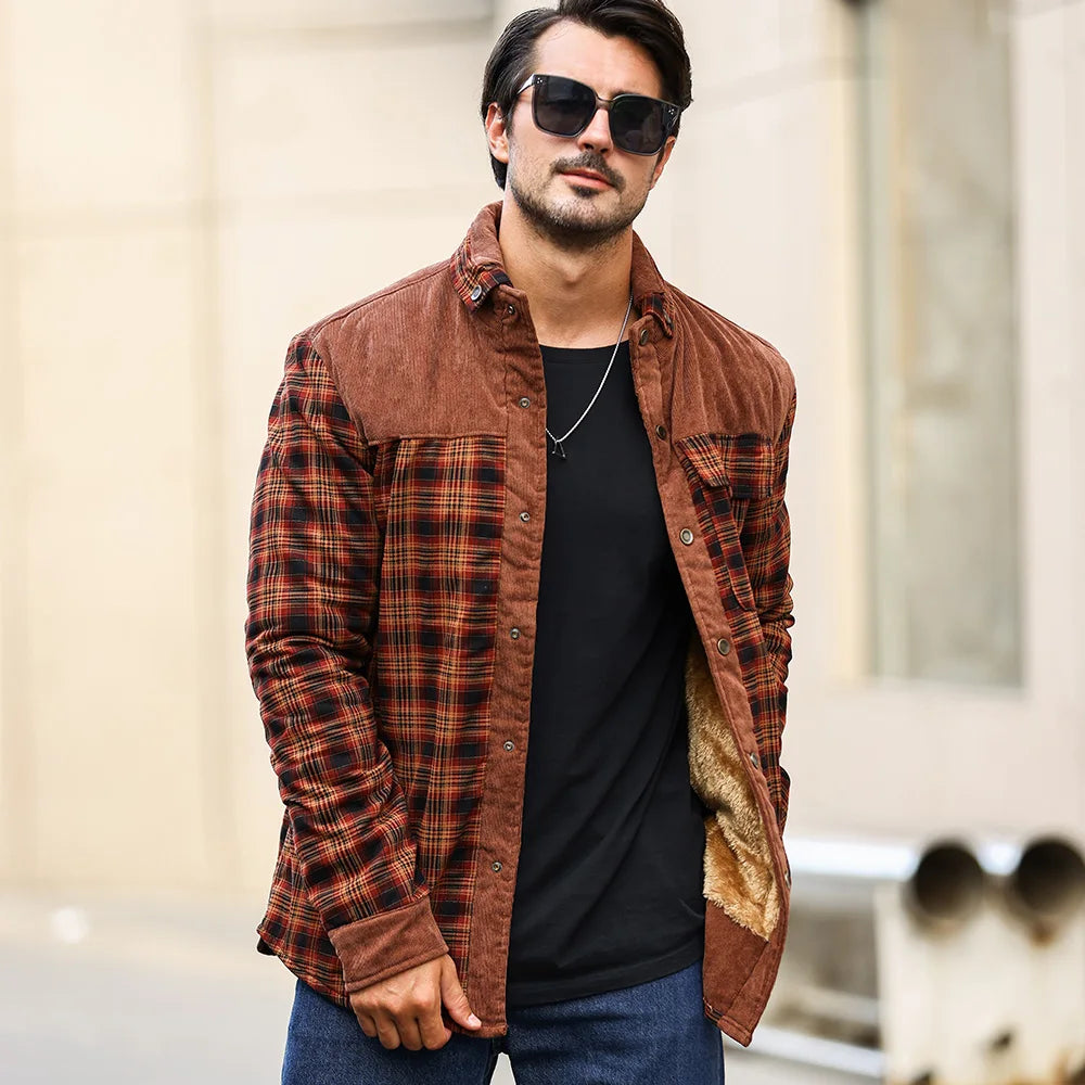 NONECN Men's Winter Windproof Bomber Jacket Plaid Sherpa Lined