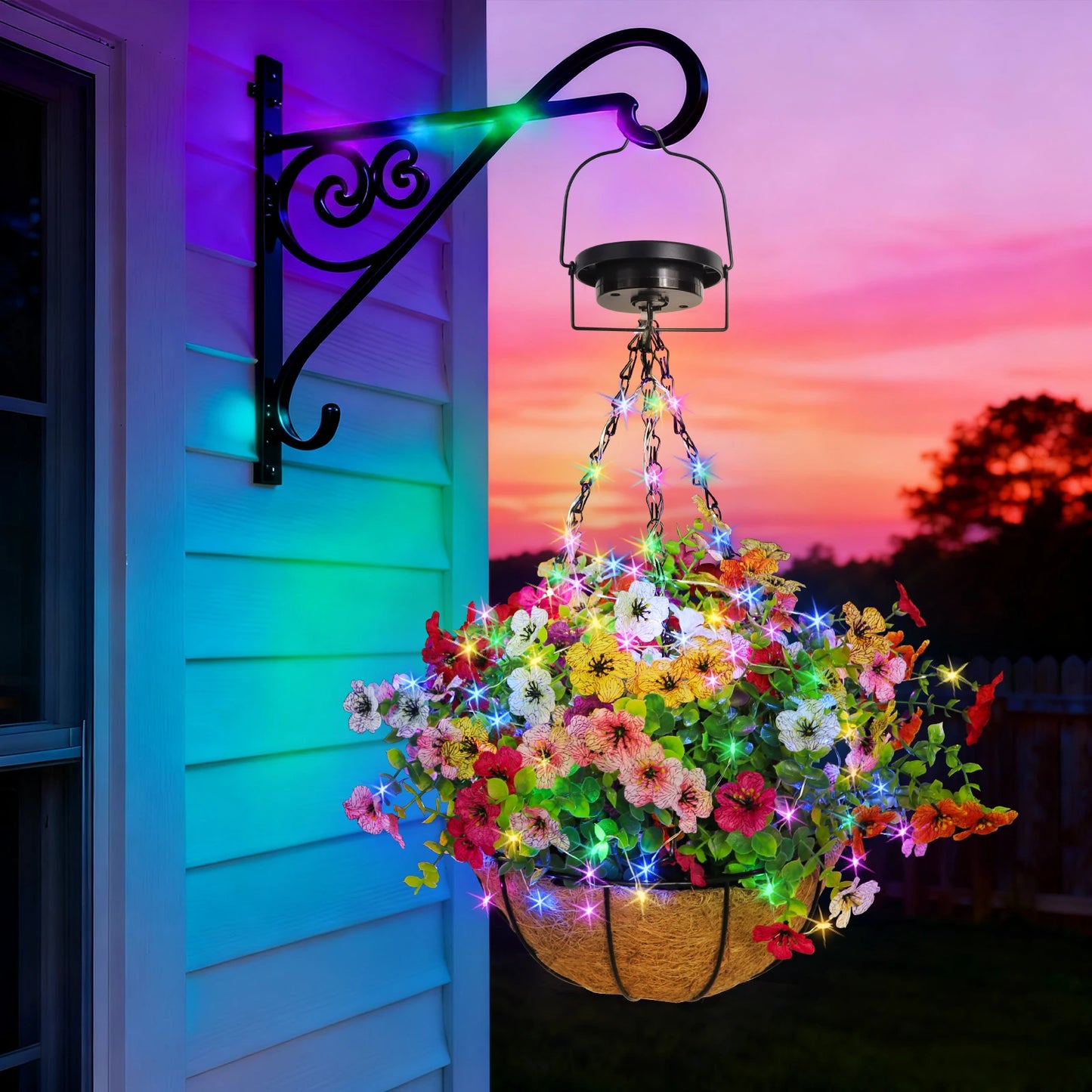 Solar Powered Hanging Flower Basket Lights With Copper Wire RGB