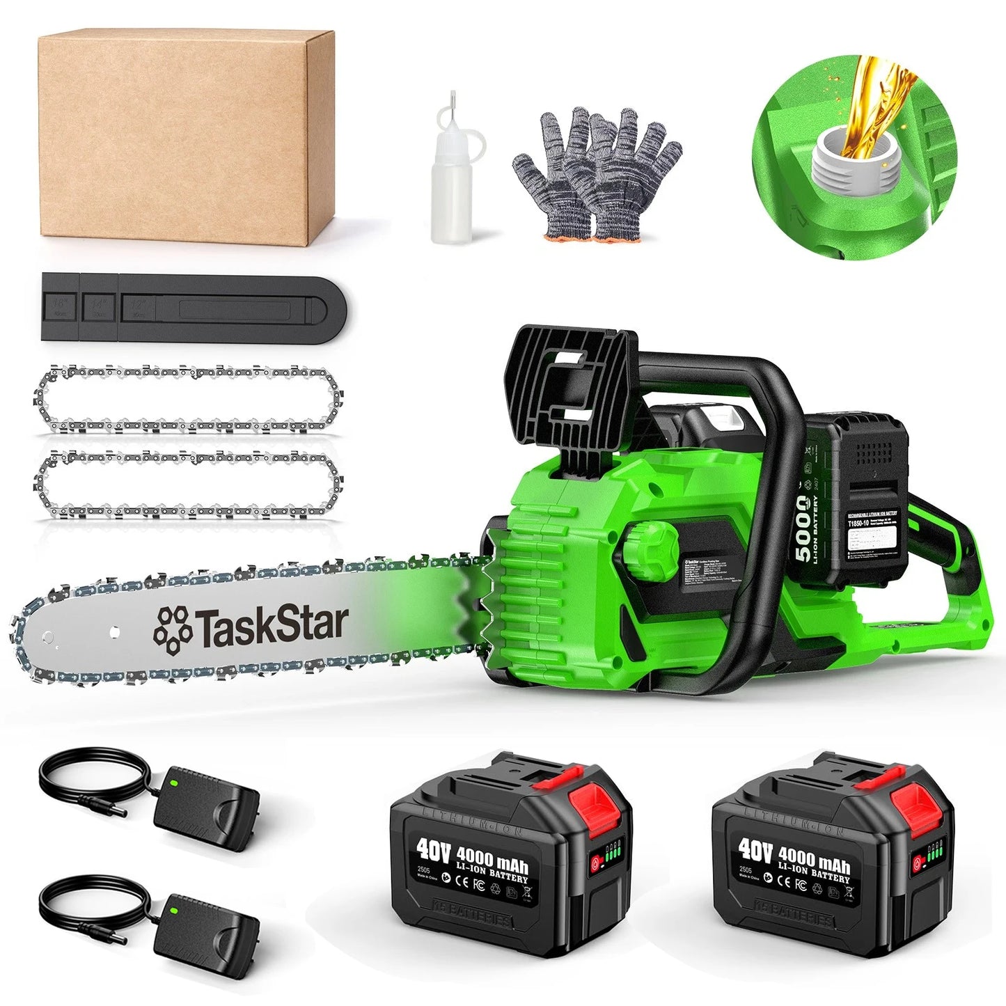 TaskStar 40V Cordless Chainsaw With Auto Oiling 2 5.0Ah Batteries