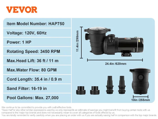 SucceBuy Above Ground Pool Pump 1HP 2HP With Filter Basket