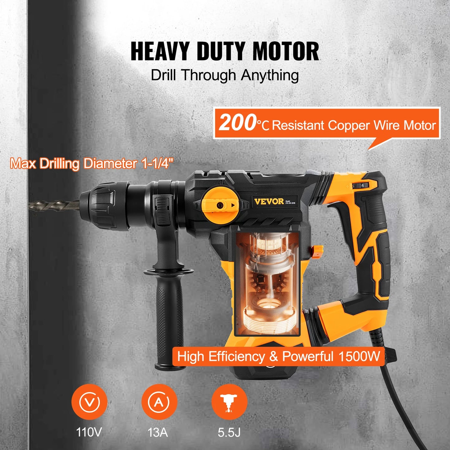 SucceBuy 1500W Rotary Hammer Drill 4 Modes Corded Demolition Jackhammer