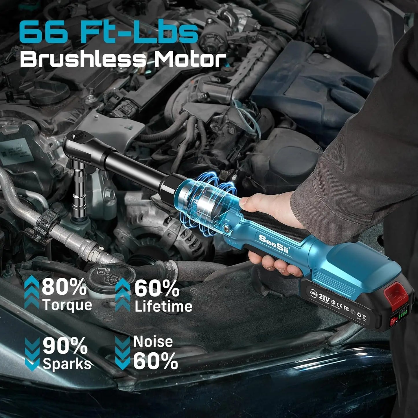 Seesii 21V Cordless Electric Wrench 80Nm Torque Rechargeable