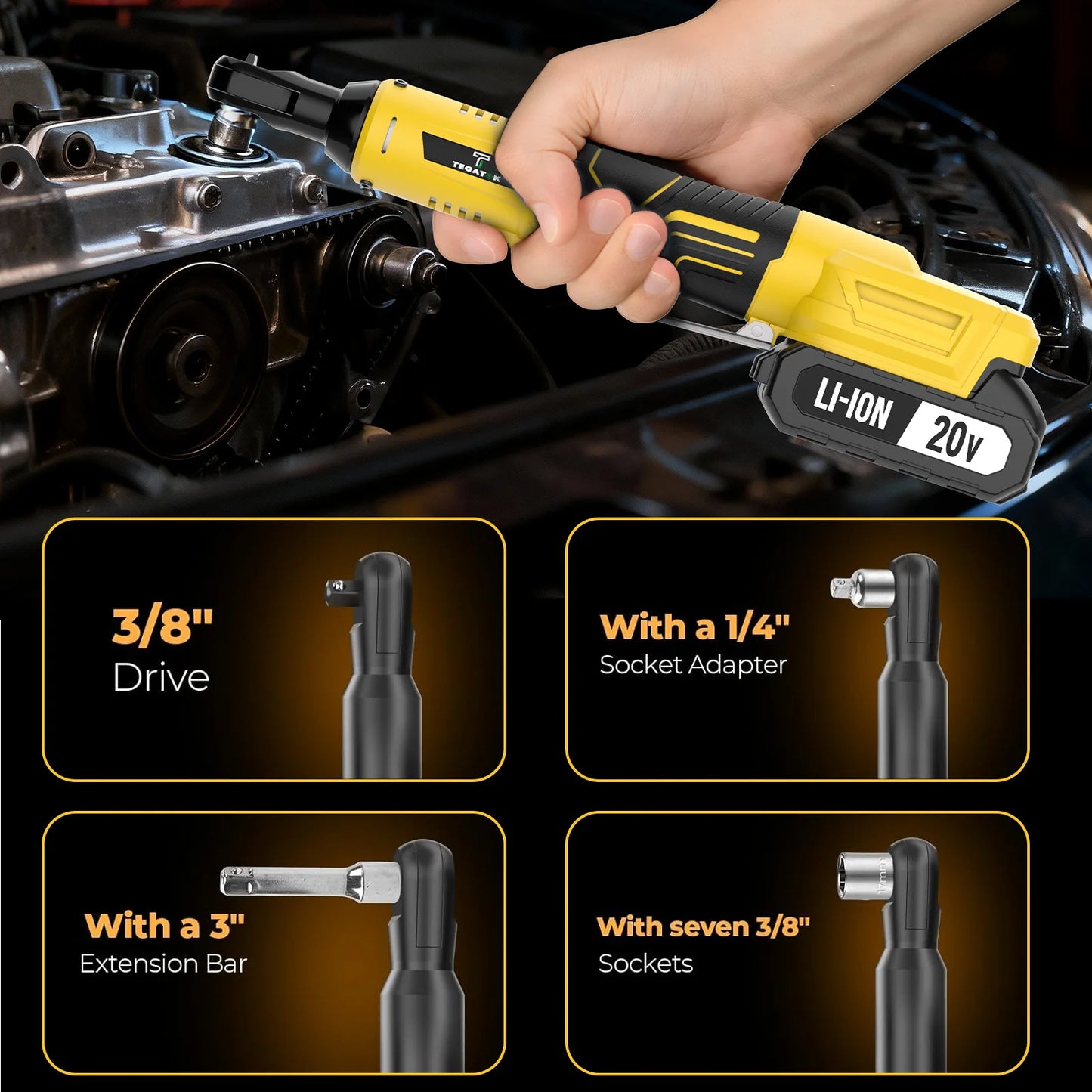 TEGATOK 20V Cordless Electric Ratchet Wrench For Car Repair