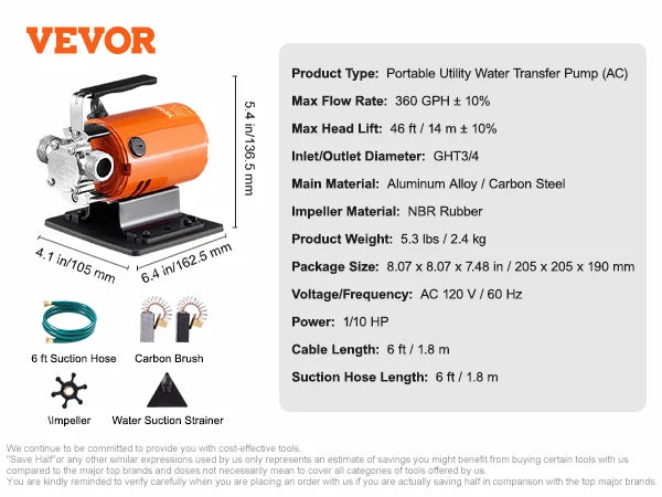 SucceBuy Water Transfer Pump 120V 360GPH Portable Utility Pump