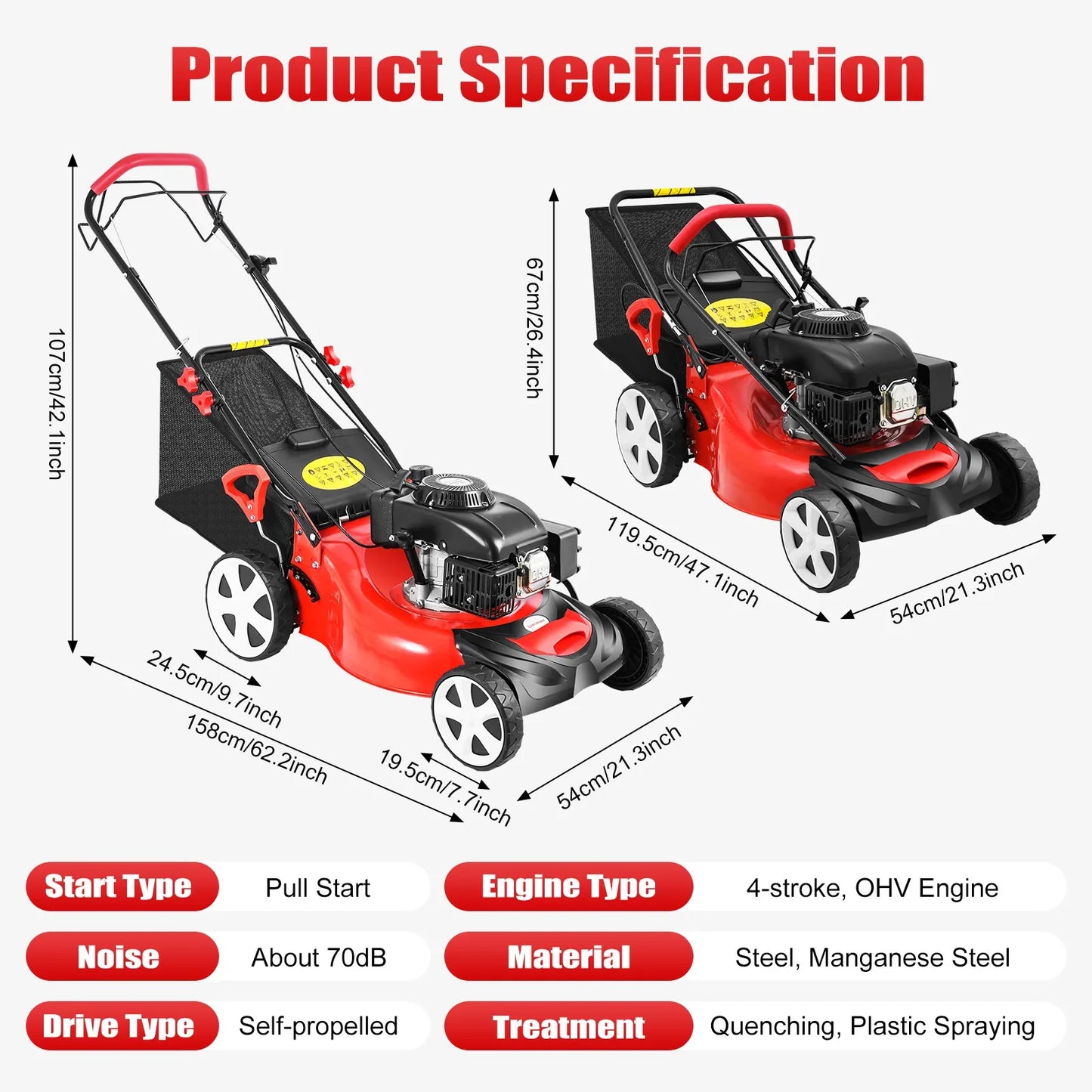 CNCEST Self Propelled Gas Lawn Mower With Grass Bag
