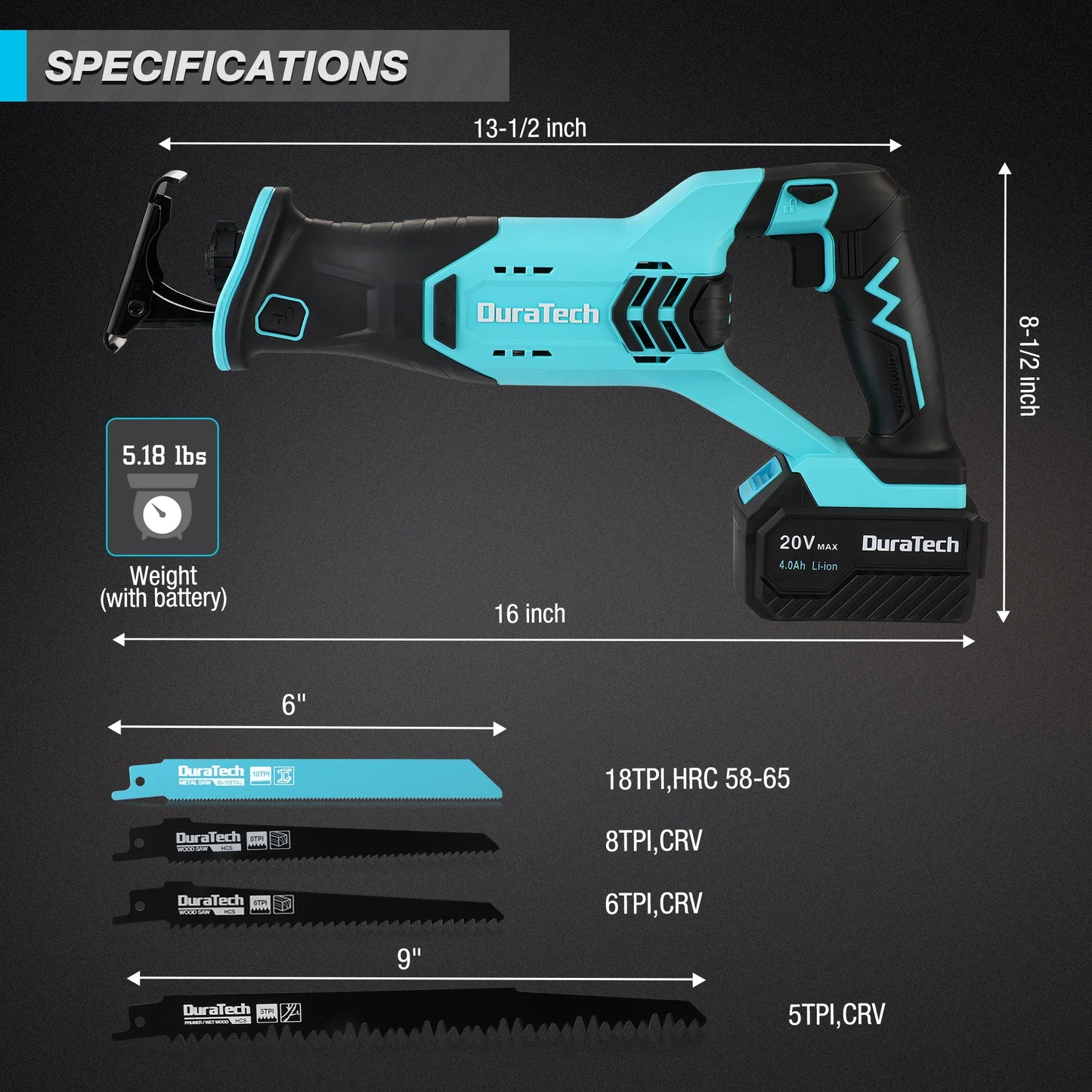 Cordless Reciprocating Saw 20V Battery 3000 SPM Tool Free