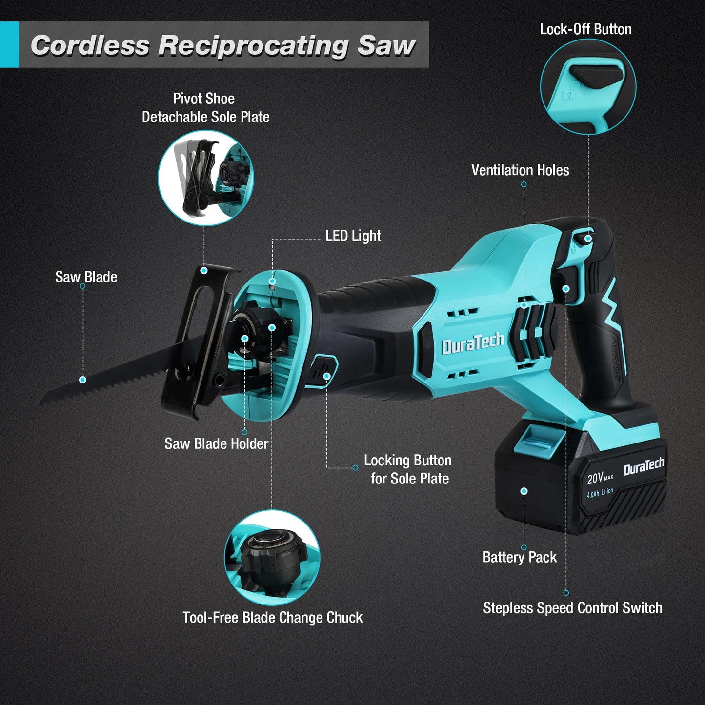 Cordless Reciprocating Saw 20V Battery 3000 SPM Tool Free