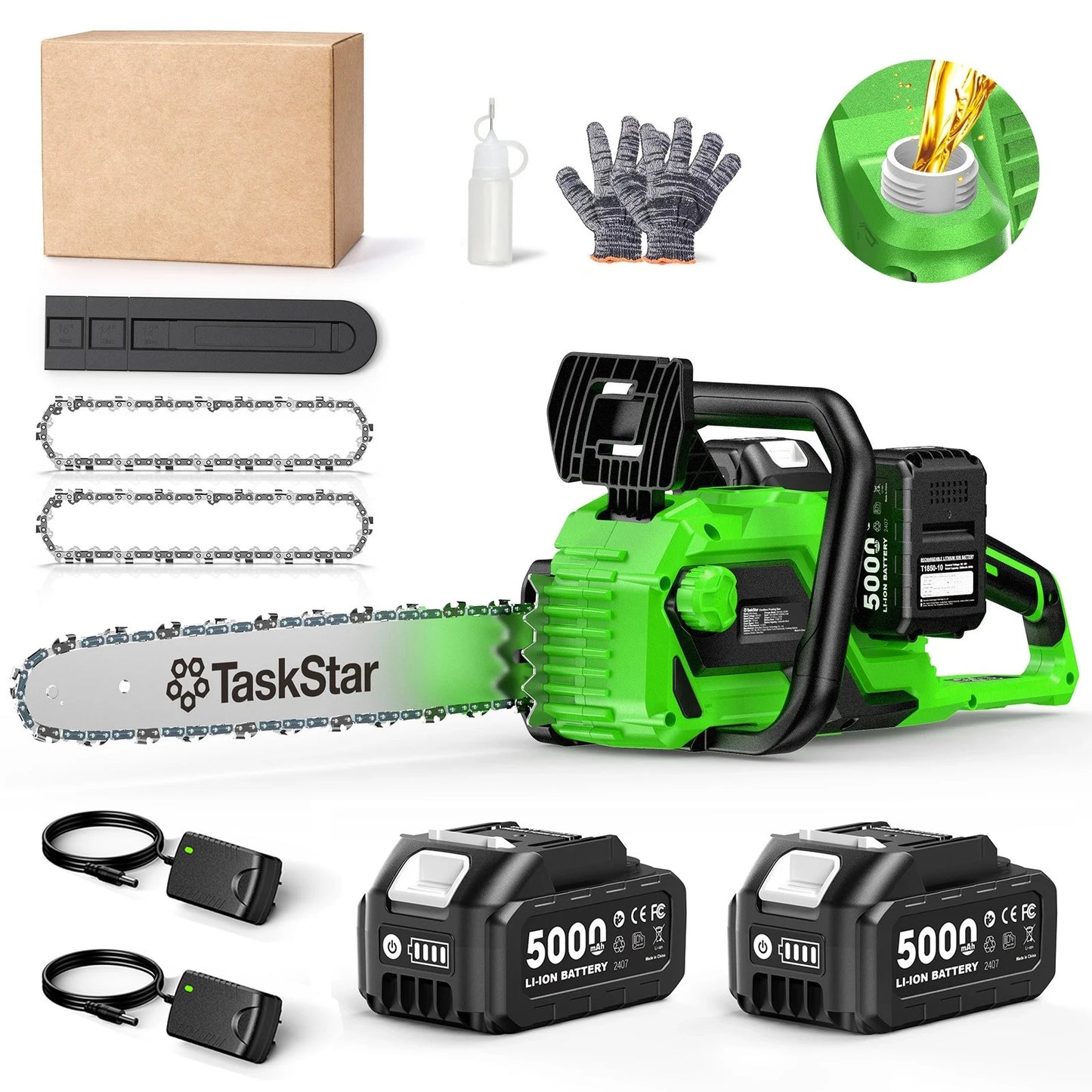 TaskStar 40V Cordless Chainsaw With Auto Oiling 2 5.0Ah Batteries