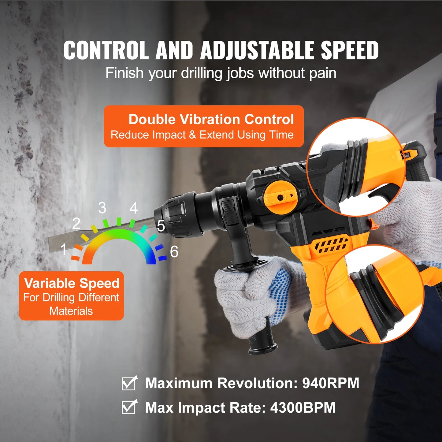 SucceBuy 1500W Rotary Hammer Drill 4 Modes Corded Demolition Jackhammer