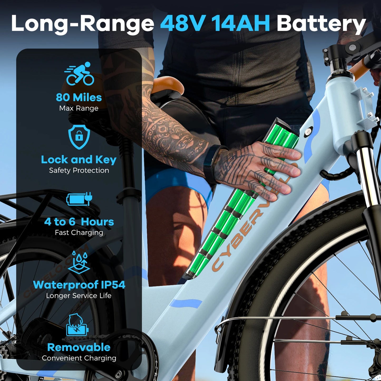 CYBERVELO Urban Commute E Bike EK2 Detachable Battery 48V 1000W Peak Motor