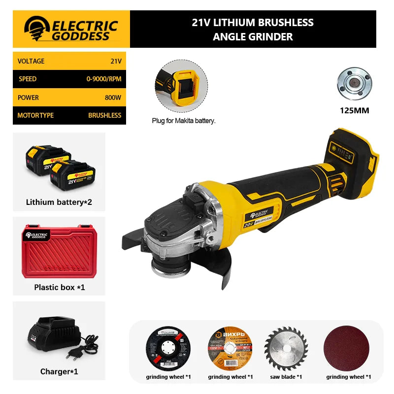 Electric Goddess Brushless Cordless Angle Grinder 21V Battery Included